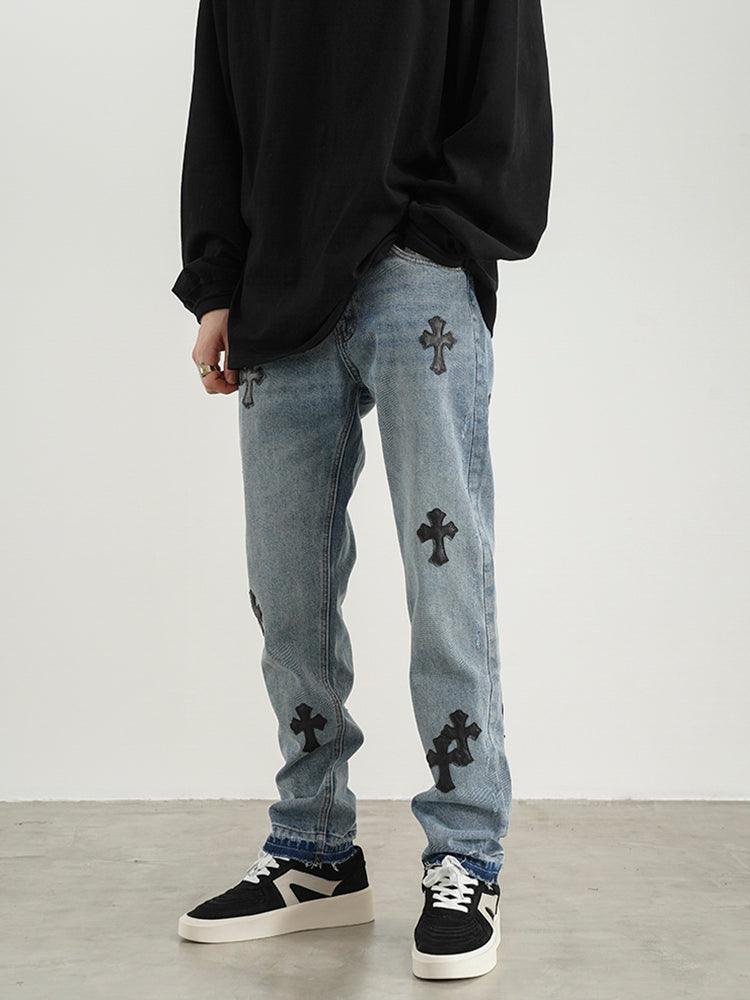 Embroidered Cross Denim Jeans