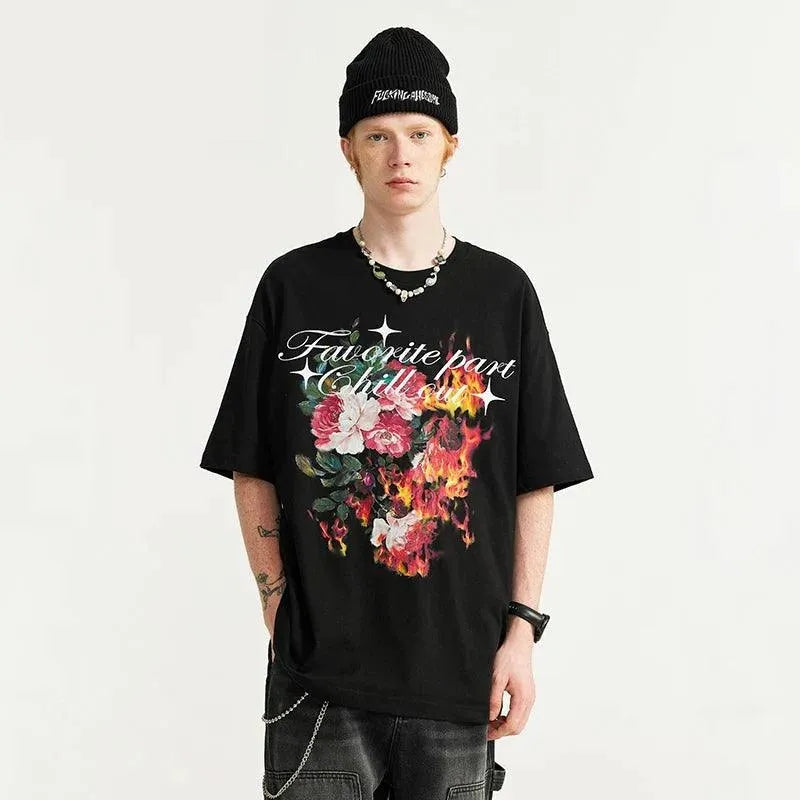220gsm Flame Floral Printed Tshirt - Keystreetwear