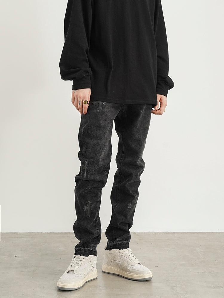 Embroidered Cross Denim Jeans
