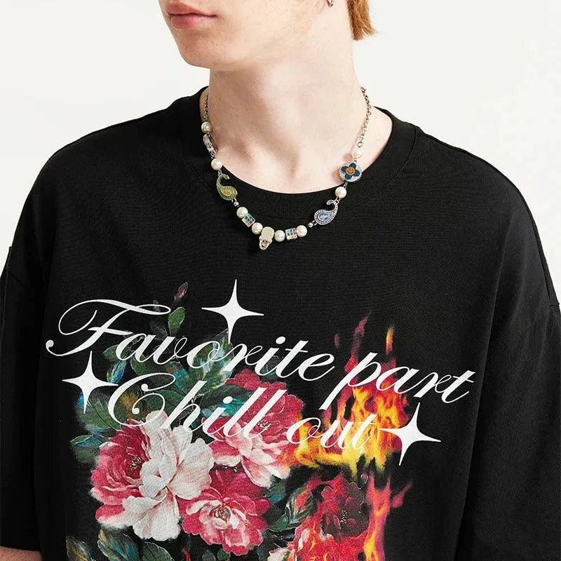 220gsm Flame Floral Printed Tshirt - Keystreetwear