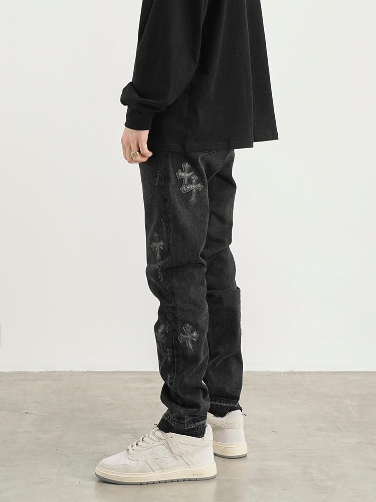 Embroidered Cross Denim Jeans