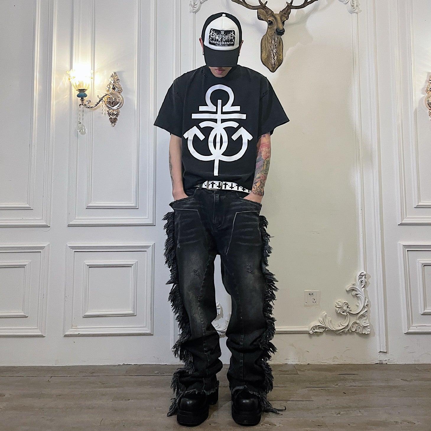Tassel destroyed deconstructed erosion embroidery washed jeans - Keystreetwear