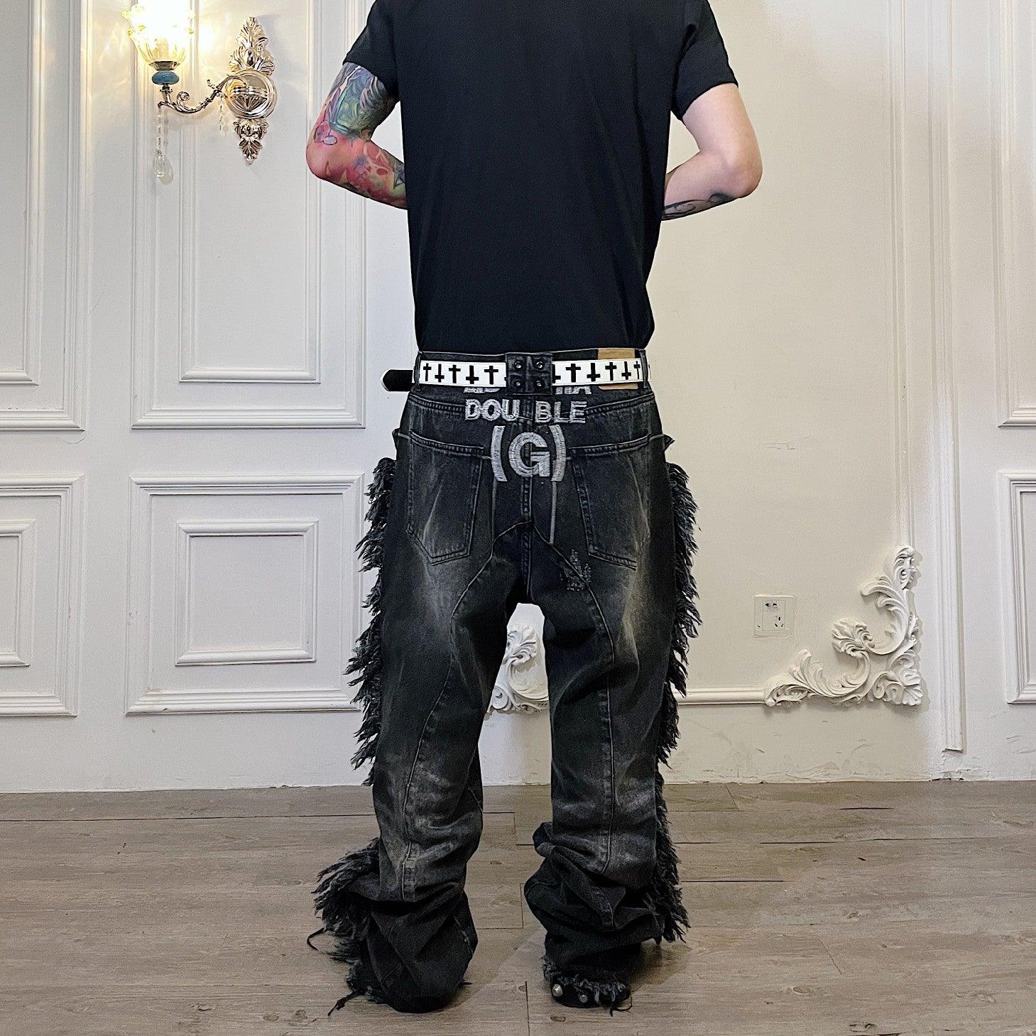 Tassel destroyed deconstructed erosion embroidery washed jeans - Keystreetwear