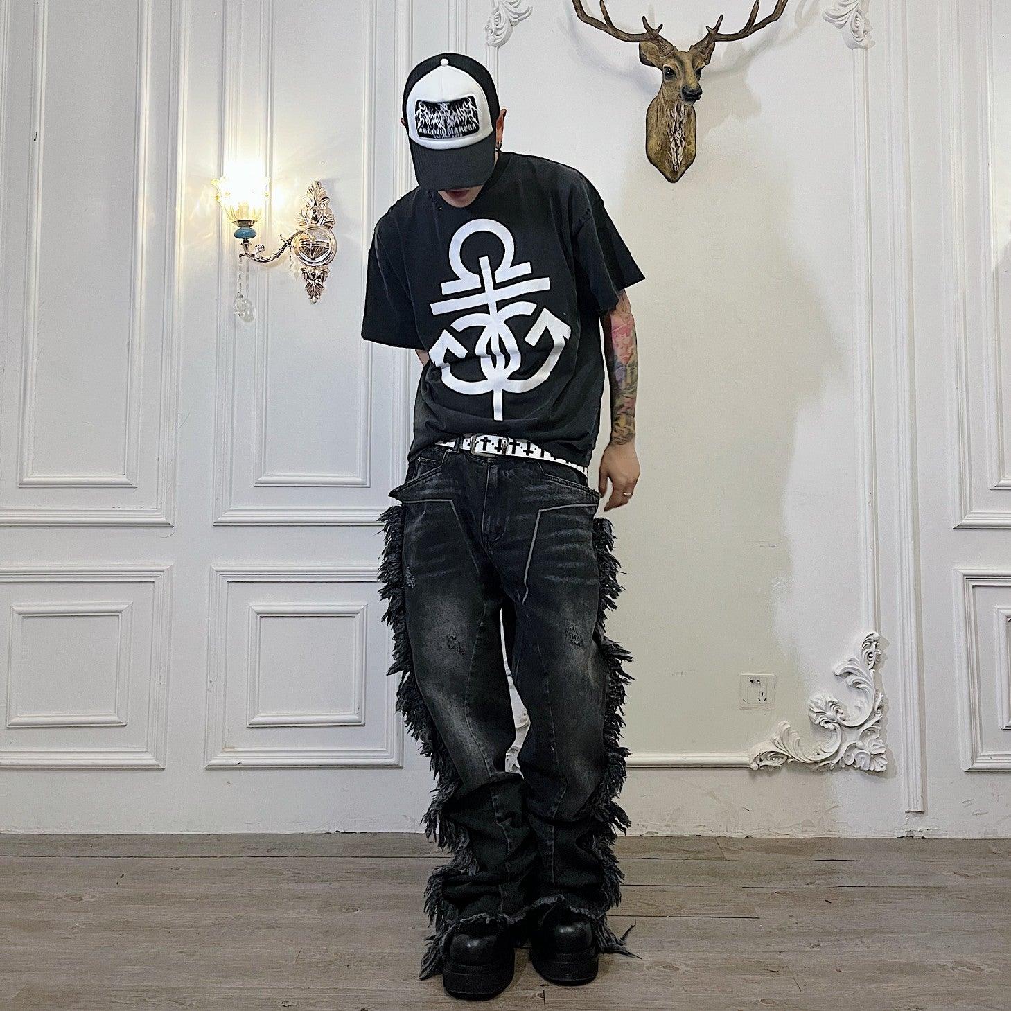 Tassel destroyed deconstructed erosion embroidery washed jeans - Keystreetwear