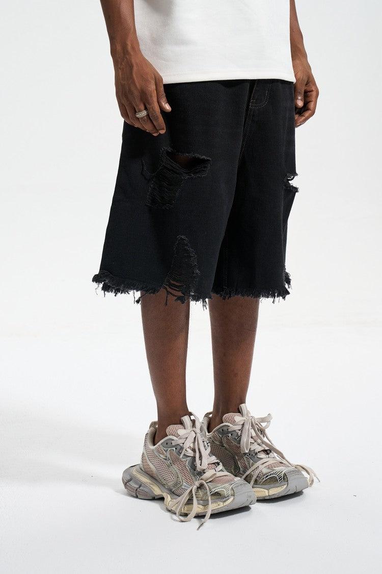 Damaged Three Bar Denim Shorts