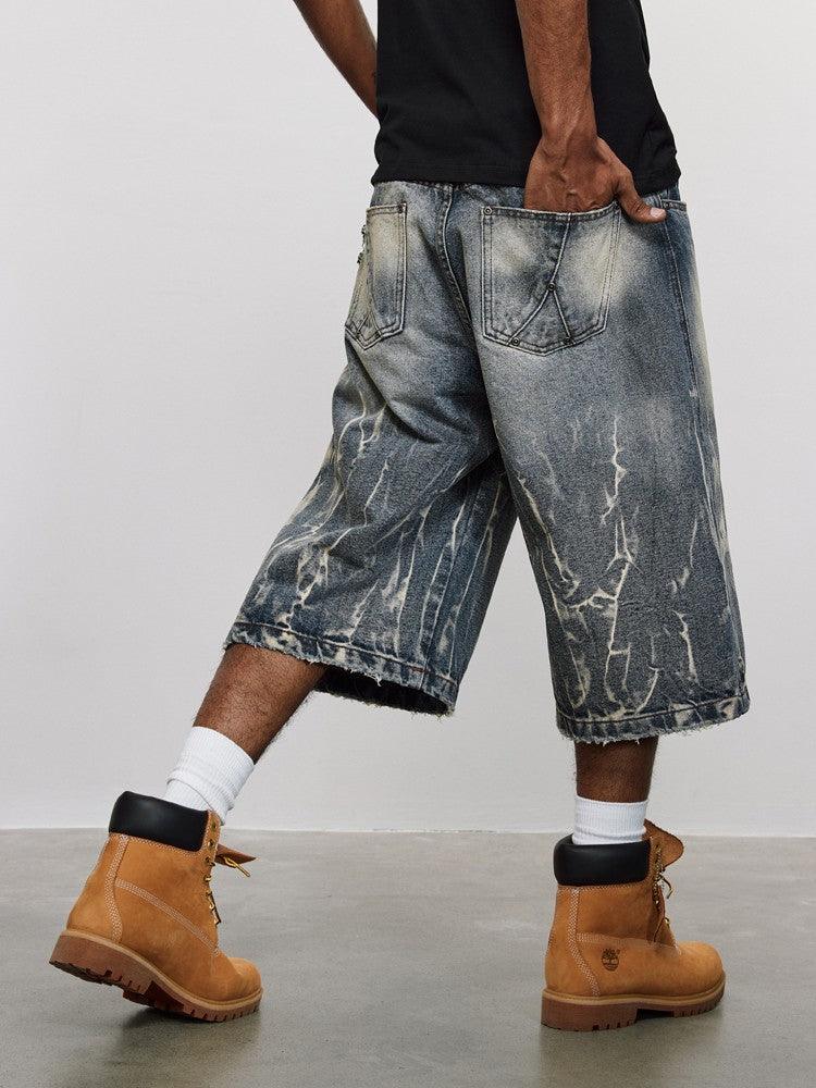Lightning Pattern Floral Denim Jorts Backside - Keystreetwear