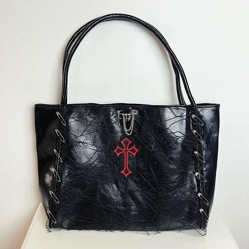 Cross Medieval Leather Tote Bag Black