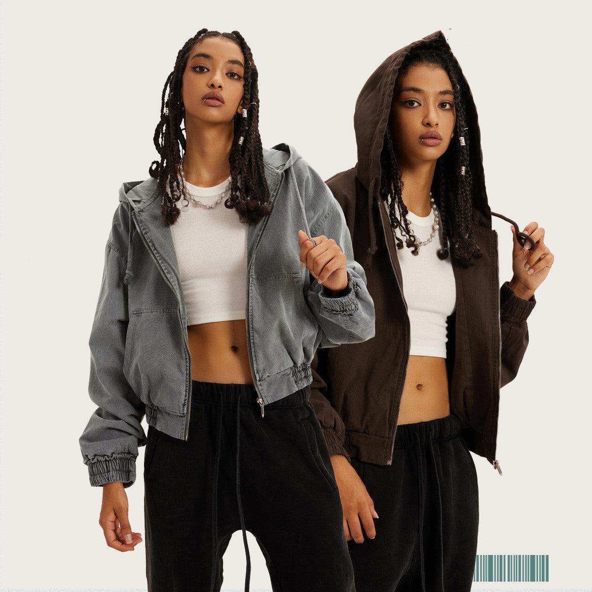 Women's Vintage Washed Distressed Zip Up - Keystreetwear