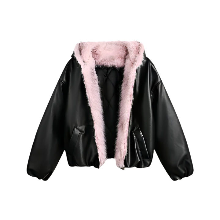 PU Leather Fur Collar Hooded Jacket