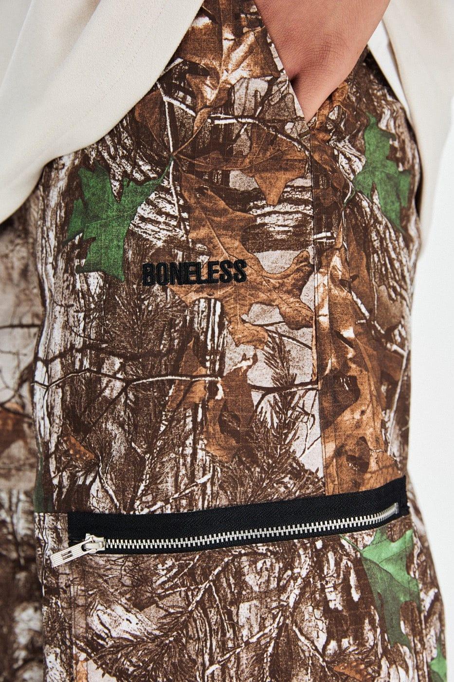 BONELESS Withered Leaves Crinkled Camo Cargo Pants - Side Pocket Details | Keystreetwear