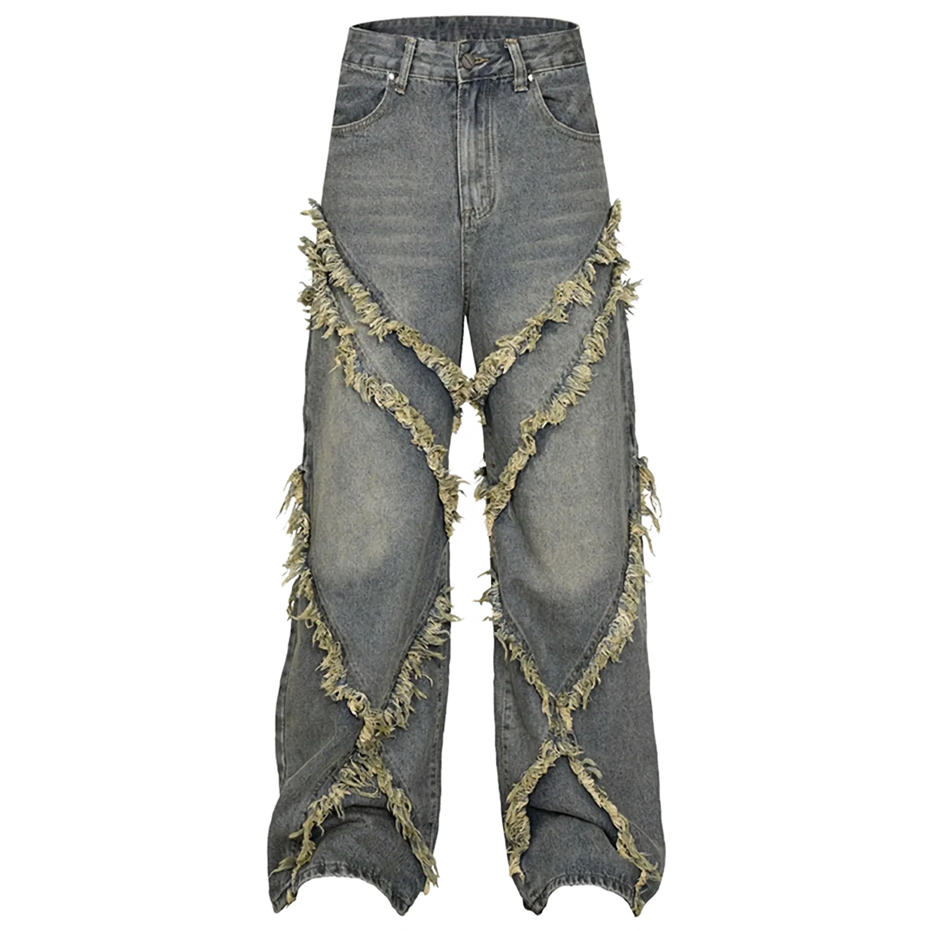 Frayed Edge Cross Stitch Flared Denim Jeans