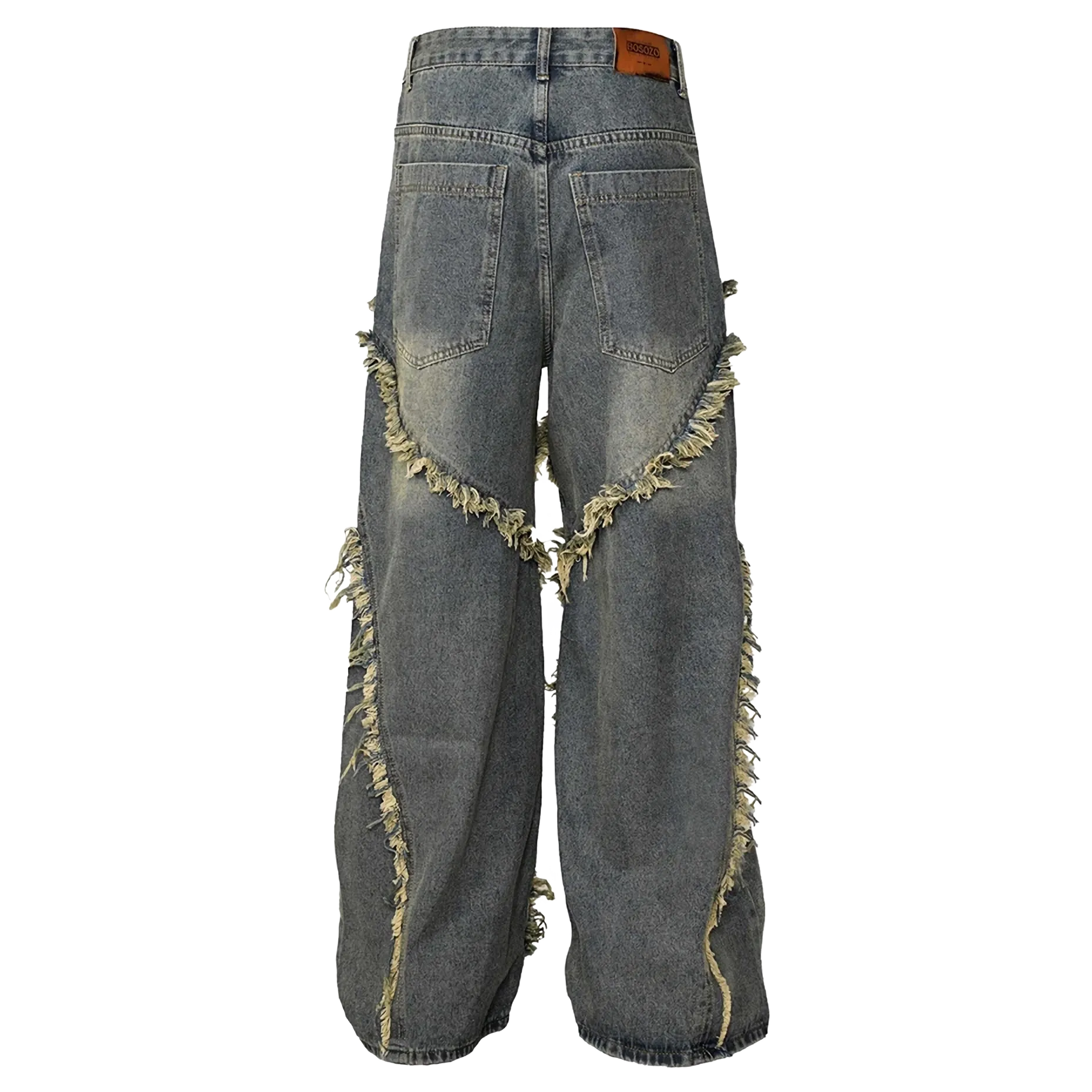 Frayed Edge Cross Stitch Flared Denim Jeans - Backside