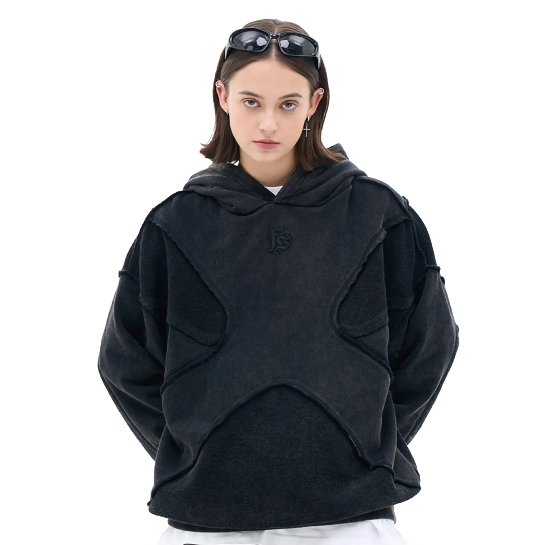 FS 'Escape' Raw Cut Distressed Cotton Hoodie Black Front