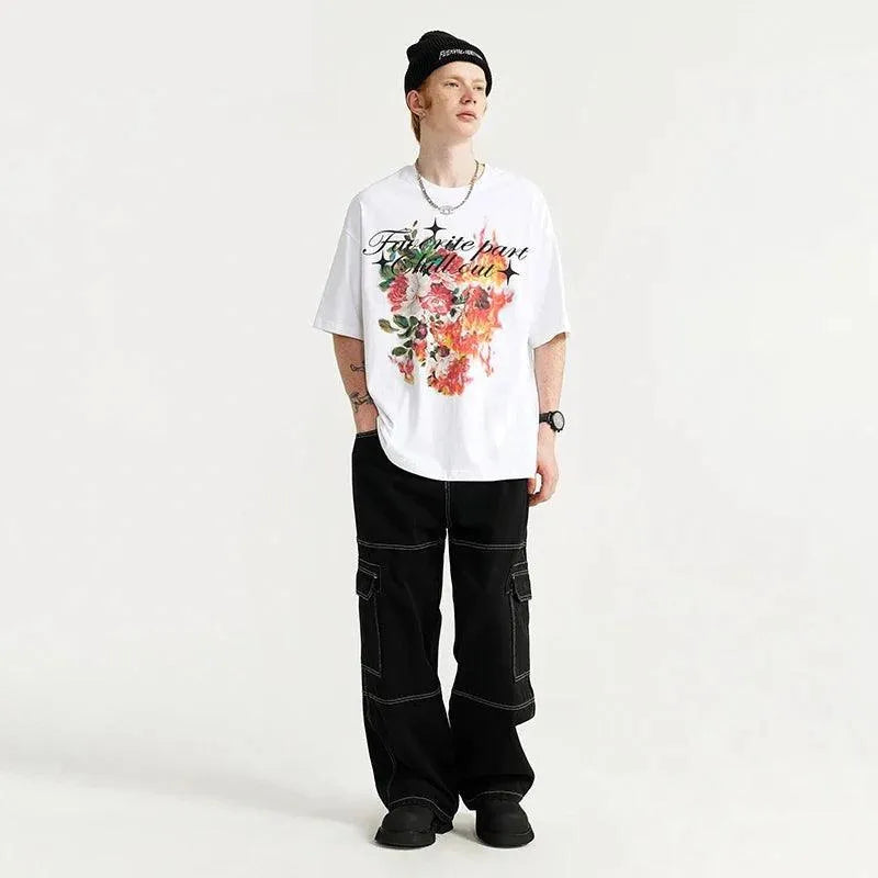 220gsm Flame Floral Printed Tshirt - Keystreetwear