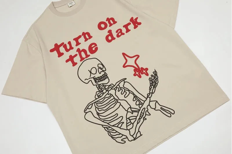 ’Turn On The Dark’ Graphic Print Cotton T-Shirt Khaki