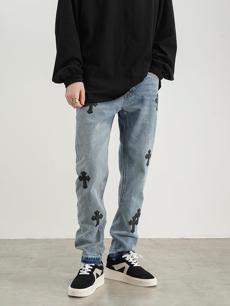 Embroidered Cross Denim Jeans