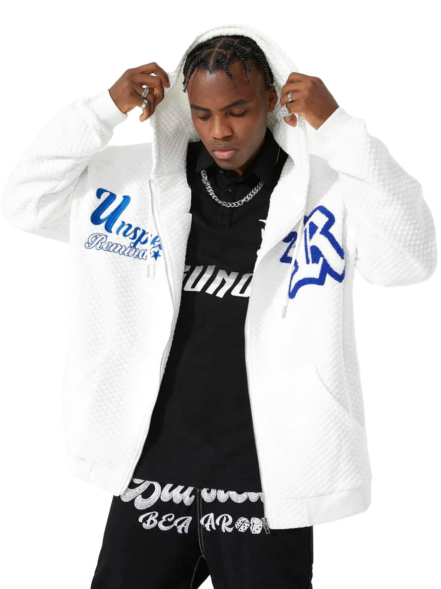 Rated R Embroidered Hoodie when paired black shirt and pants