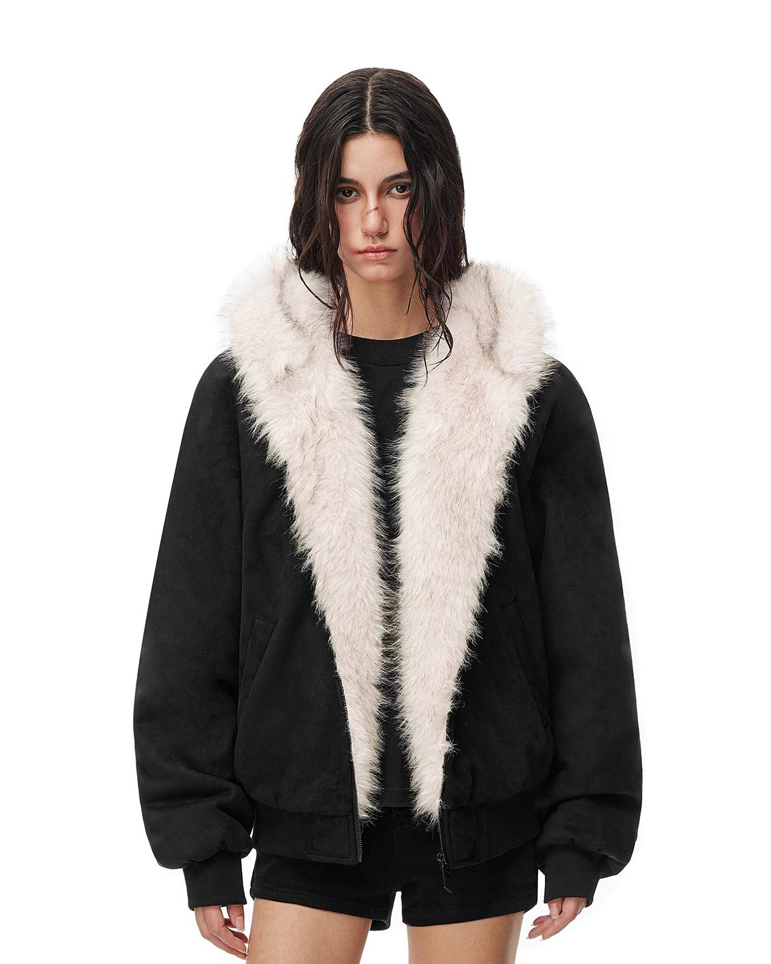 Suede Faux Fur Collar Quilted Cat Ear Jacket