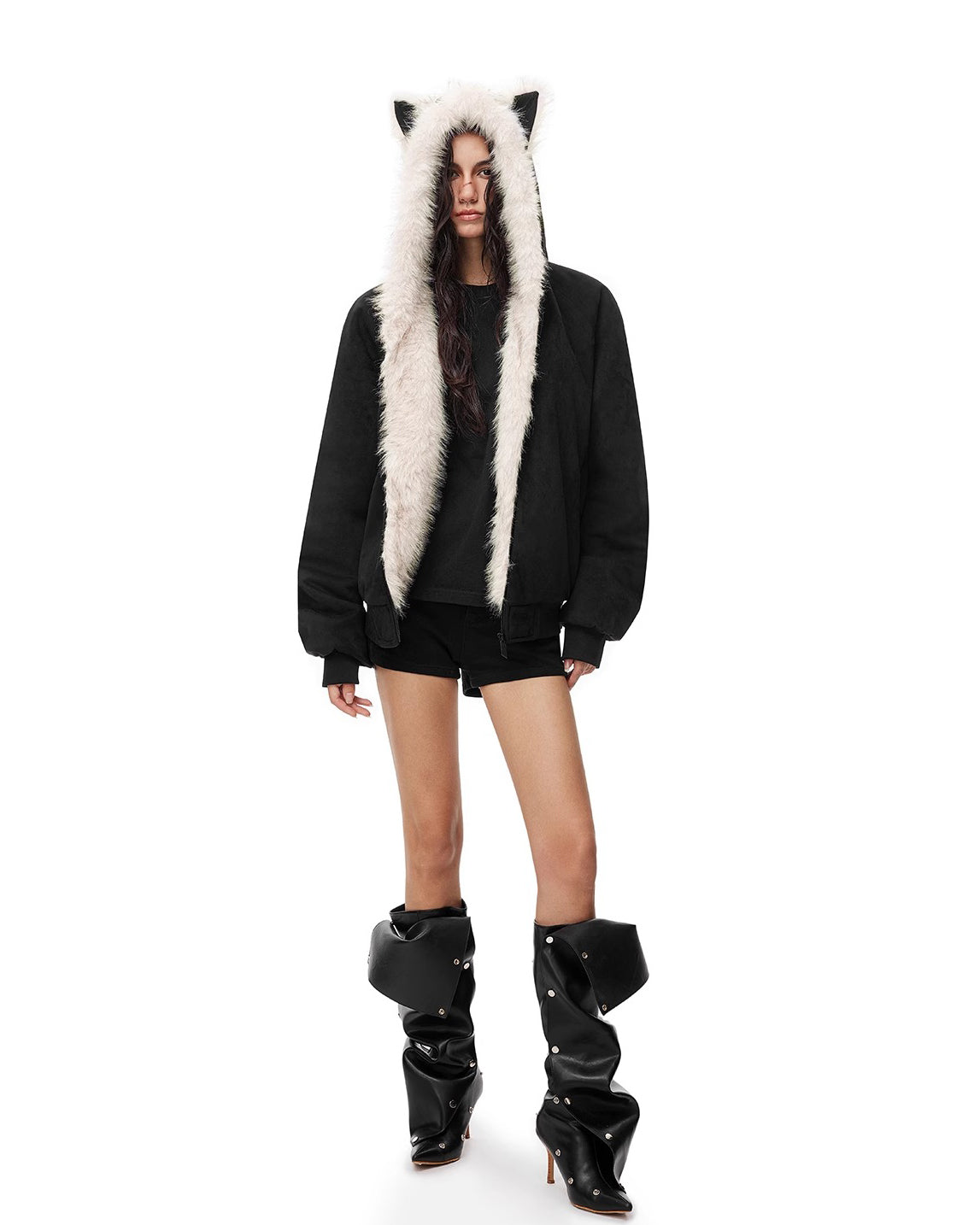 Suede Faux Fur Collar Quilted Cat Ear Jacket