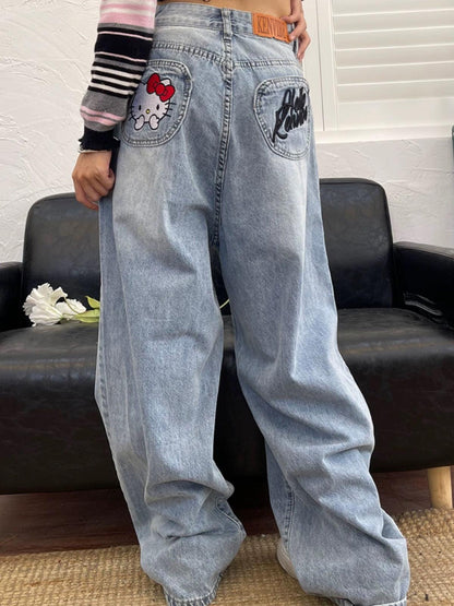 Hello Kitty Embroidered Jeans - Keystreetwear