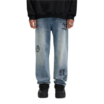 BONELESS Gothic Letters Washed Straight Jeans - Keystreetwear