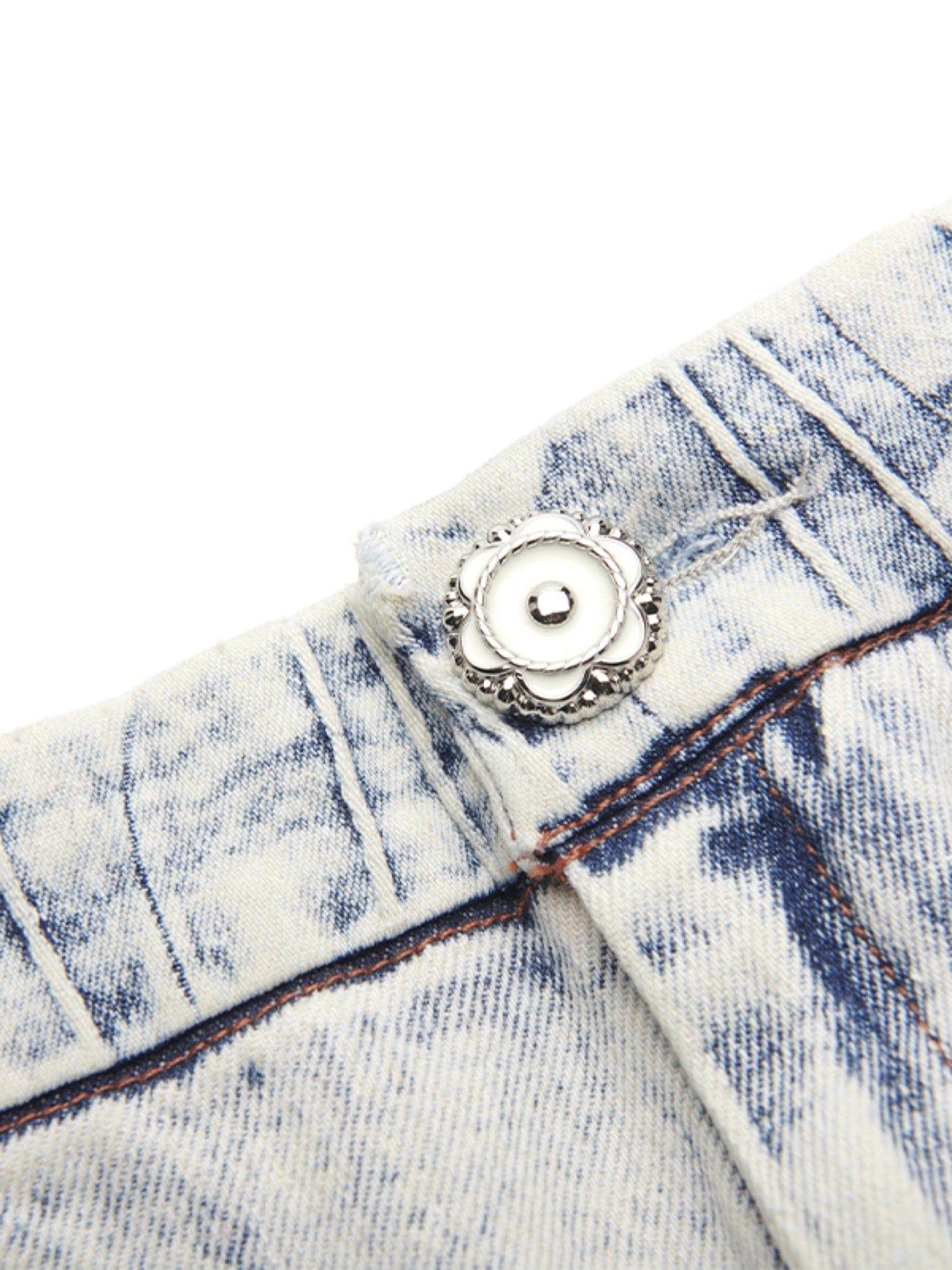 Deconstructed Rose Petals Washed Jeans | Rose Button 