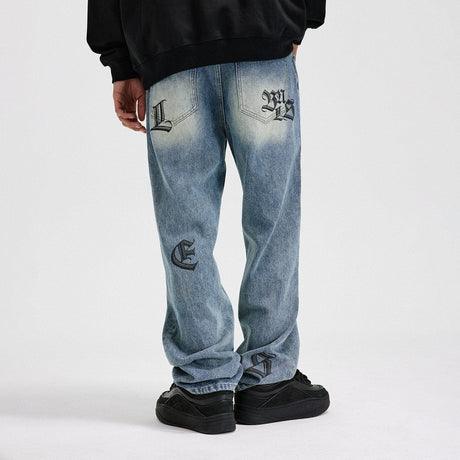 BONELESS Gothic Letters Washed Straight Jeans - Keystreetwear