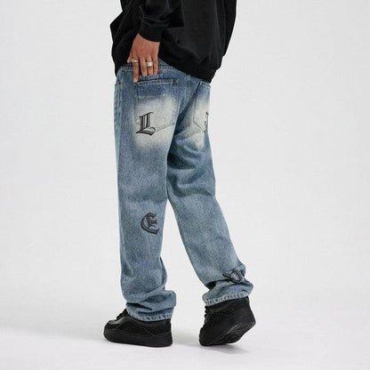 BONELESS Gothic Letters Washed Straight Jeans - Keystreetwear