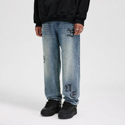 BONELESS Gothic Letters Washed Straight Jeans - Keystreetwear