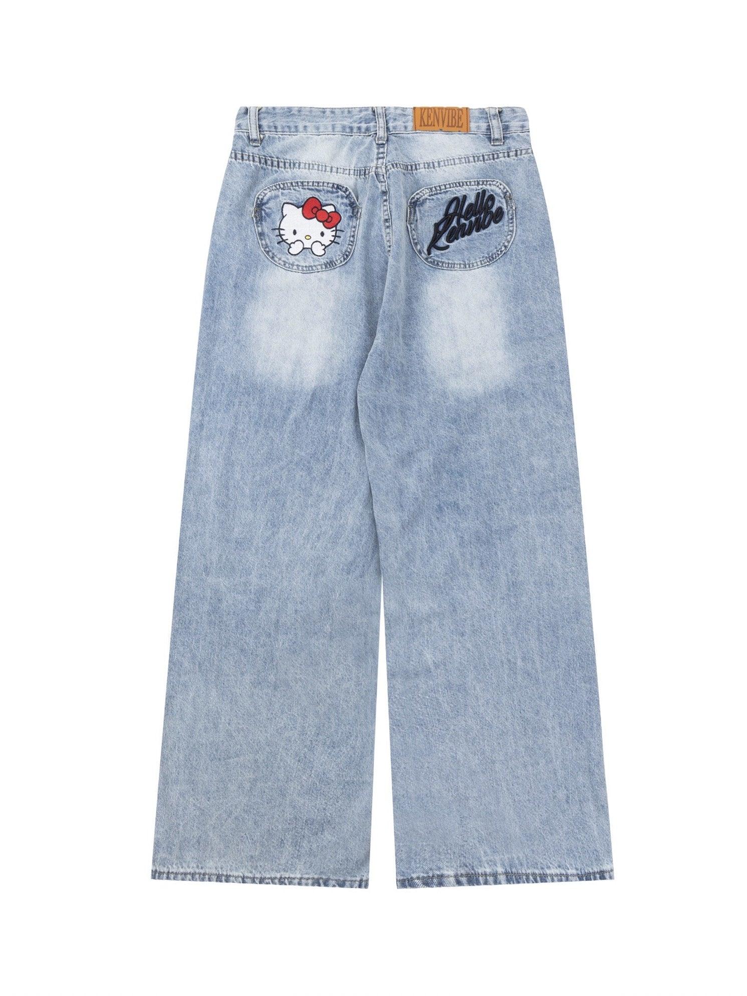 Hello Kitty Embroidered Jeans - Keystreetwear