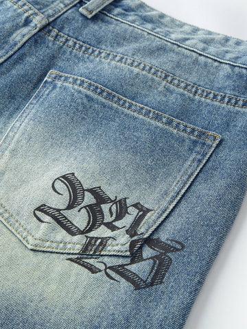 BONELESS Gothic Letters Washed Straight Jeans - Keystreetwear