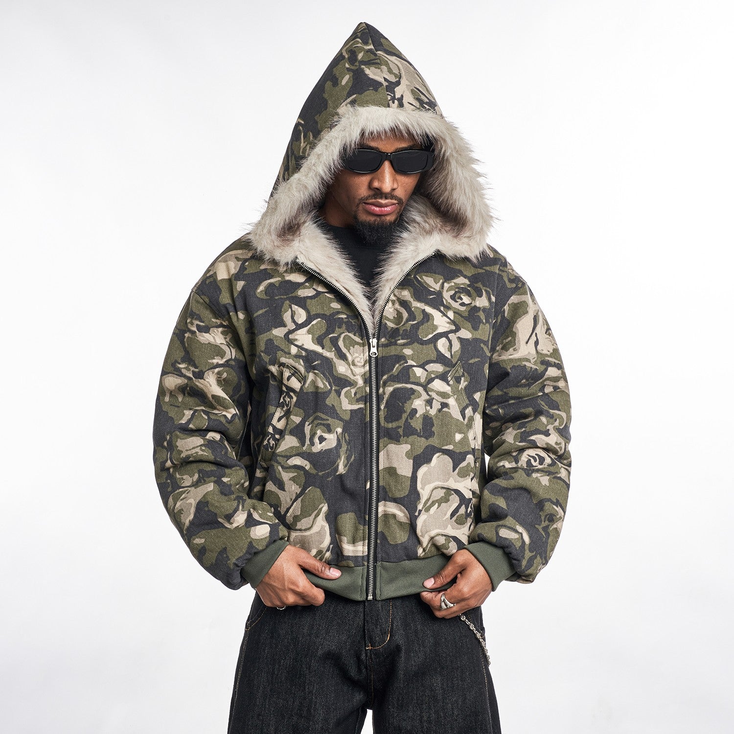 Camouflage Fur Zipped Jacket