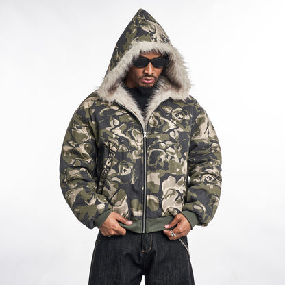 Camouflage Fur Zipped Jacket