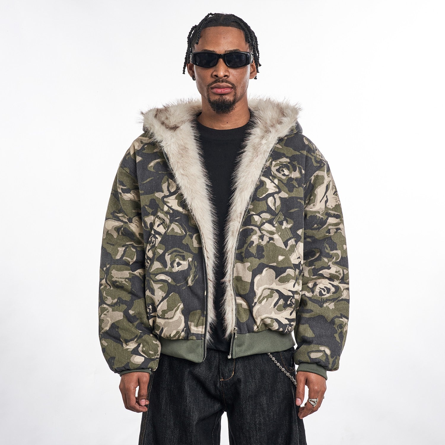 Camouflage Fur Zipped Jacket