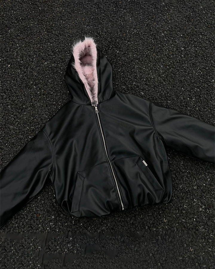 PU Leather Fur Collar Hooded Jacket