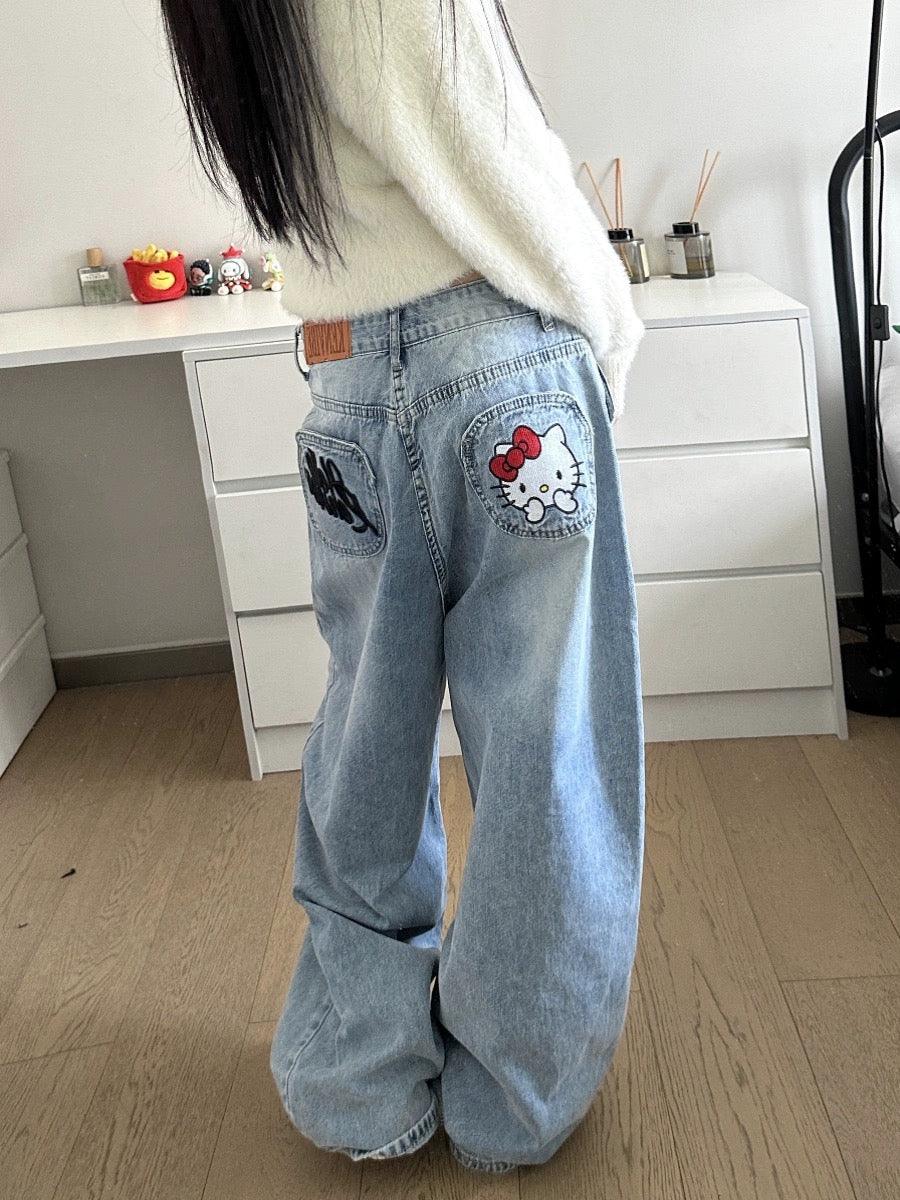 Hello Kitty Embroidered Jeans - Keystreetwear