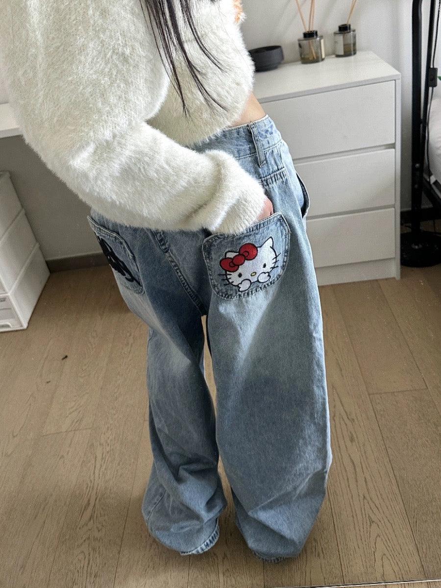 Hello Kitty Embroidered Jeans - Keystreetwear