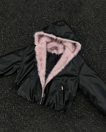 PU Leather Fur Collar Hooded Jacket