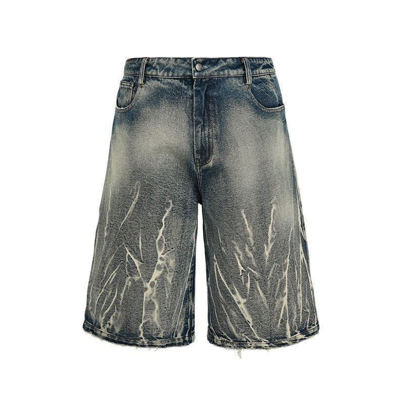 Lightning Pattern Floral Denim Jorts Front - Keystreetwear