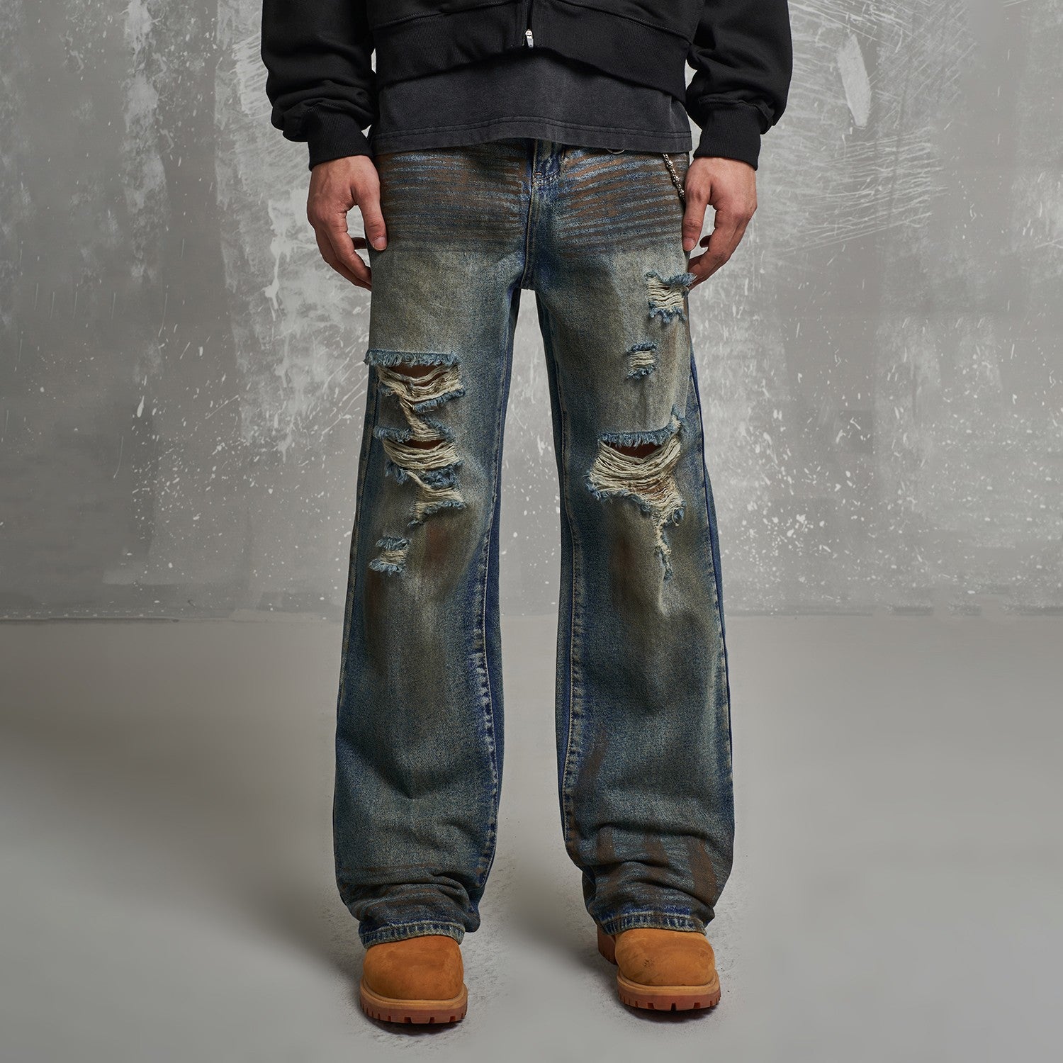 Mud Dye Ripped Jeans