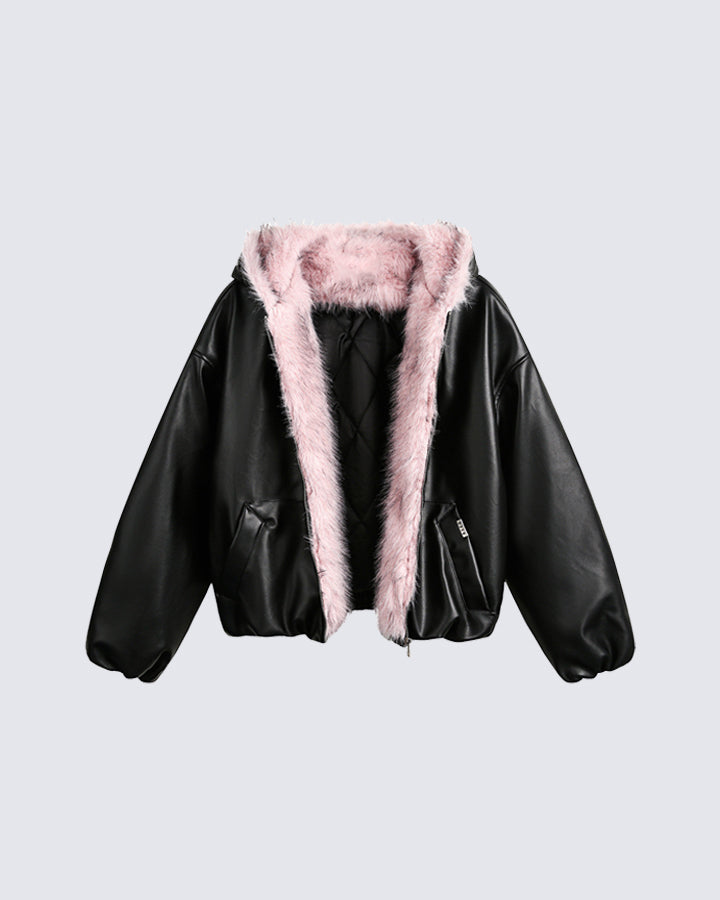 PU Leather Fur Collar Hooded Jacket