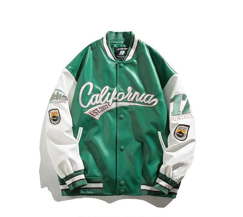 California Leather Baseball Jacket Green