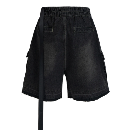 Rugged Denim Utility Shorts with Frayed Hem