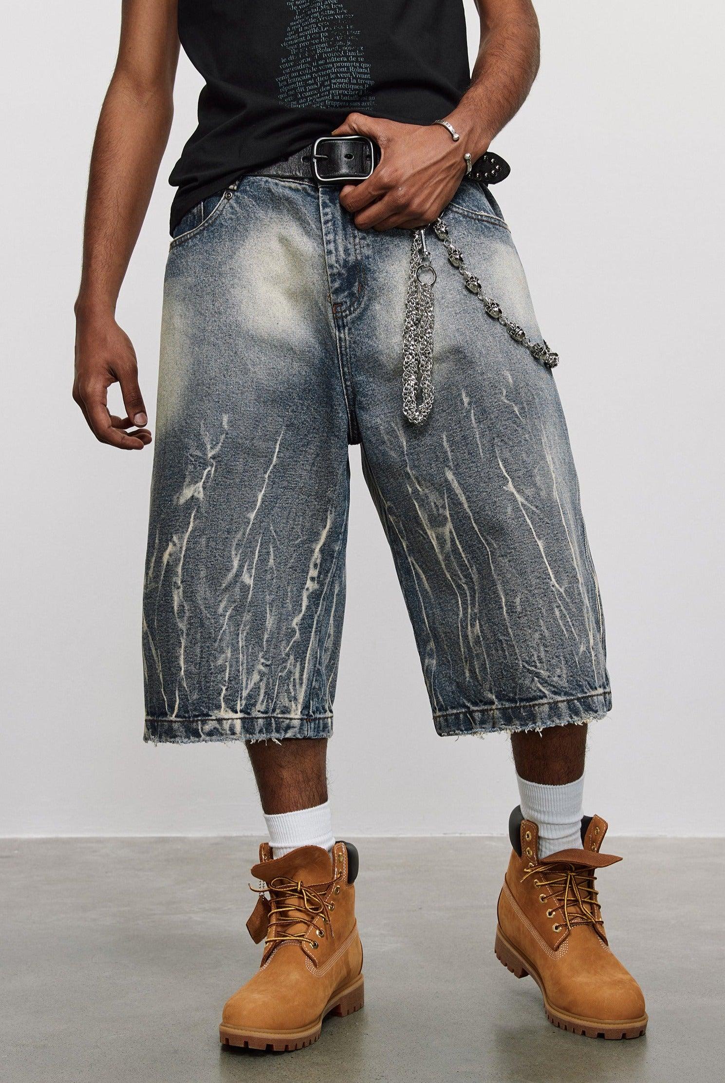 Lightning Pattern Floral Denim Jorts - Keystreetwear