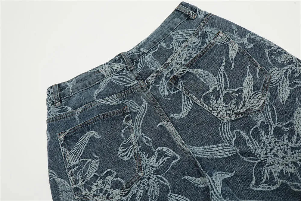 Wide-Leg Denim Shorts with Floral Embroidery Back details | Keystreetwear