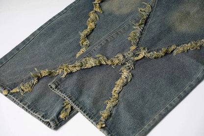 Frayed Edge Cross Stitch Flared Denim Jeans - Hem Details