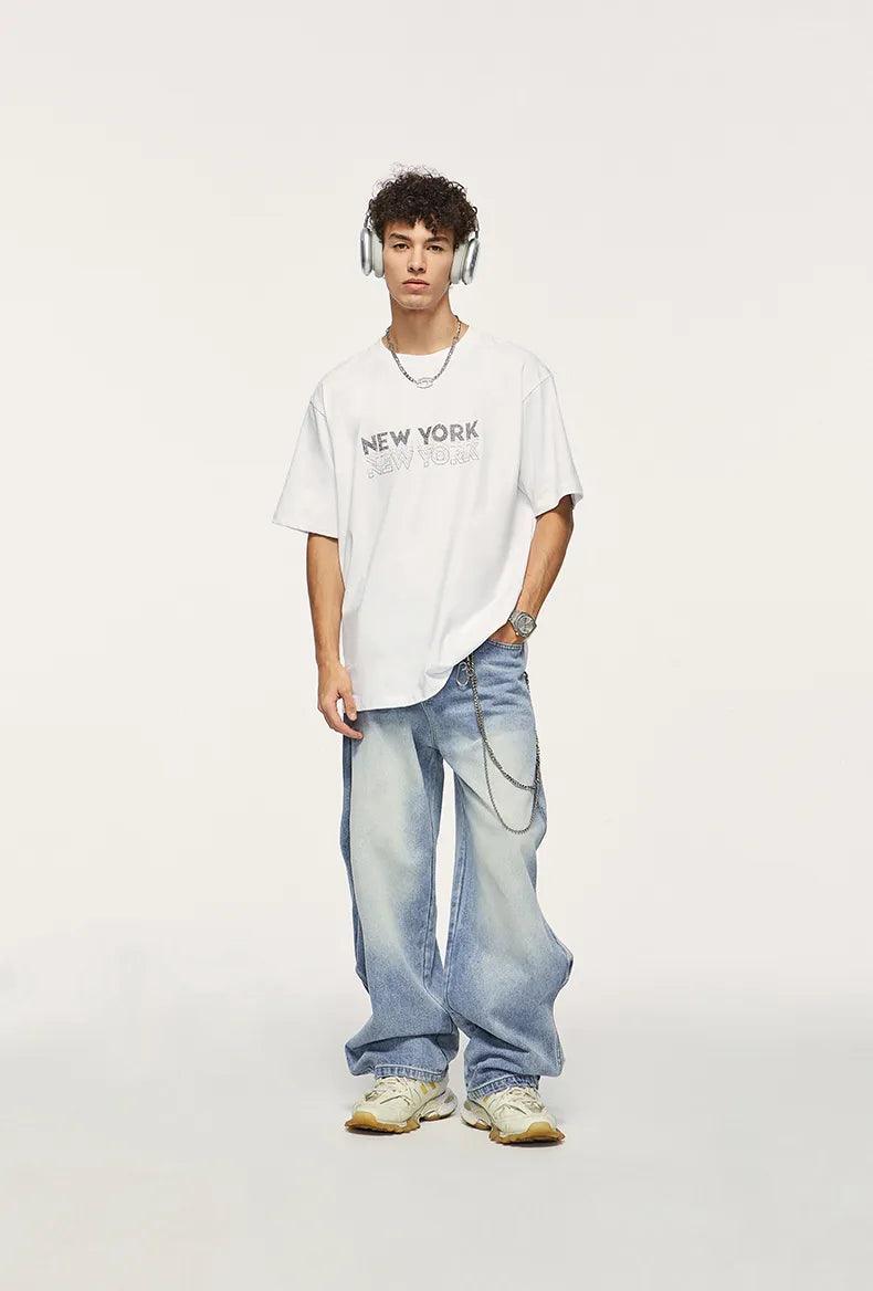 Wide Diamond Denim Jeans paired  with white tshirt - Keystreetwear