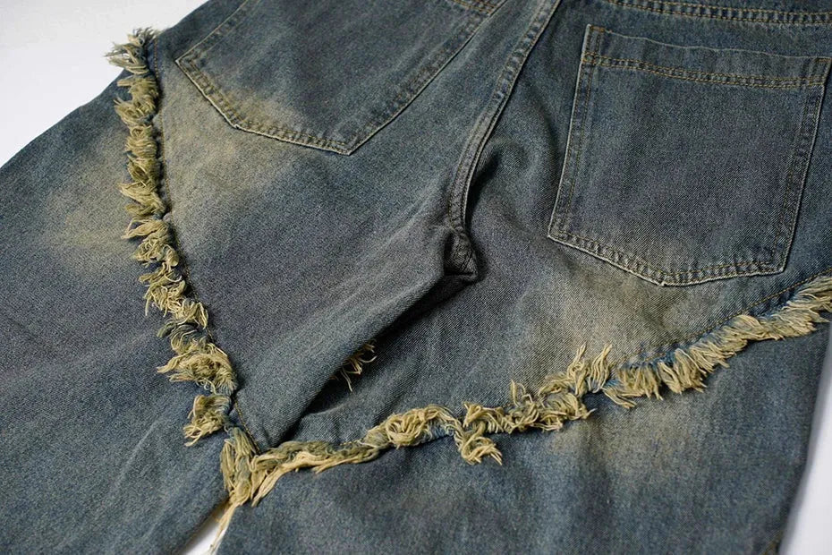 Frayed Edge Cross Stitch Flared Denim Jeans - Backside