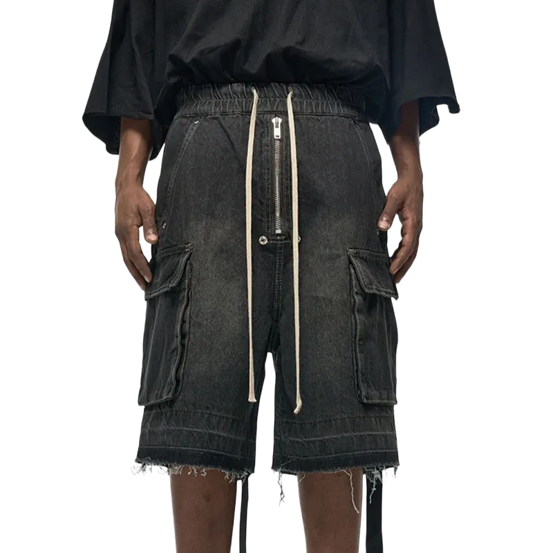 Rugged Denim Shorts with Frayed Hem Frontside