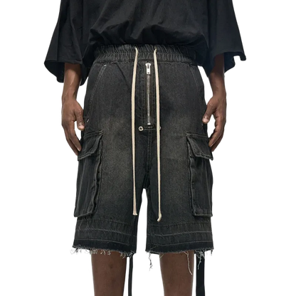 Rugged Denim Shorts with Frayed Hem Frontside